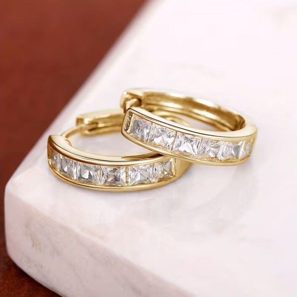 Gold Stainless Crystal Hoop Earrings Princess Cut Lightweight Secure Hinged New